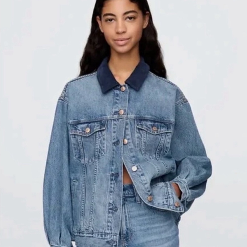 Blue Oversized Jean Jacket with Dark Collar